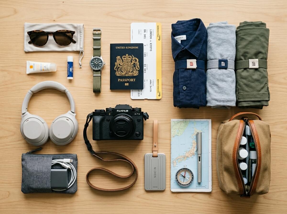 travel essentials on wooden surface